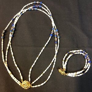 Fashion Jewelry Costume Blue White Gold Pearl Necklace Bracelet Set